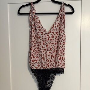 Free People Red Leopard Print Bodysuit with Black Lace